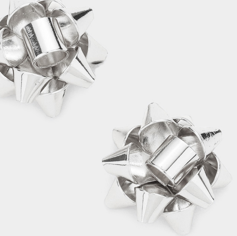 Silver Christmas Gift Bow Ribbon Stud Earrings Cute Fashion Jewelry Accessories - Picture 2 of 2